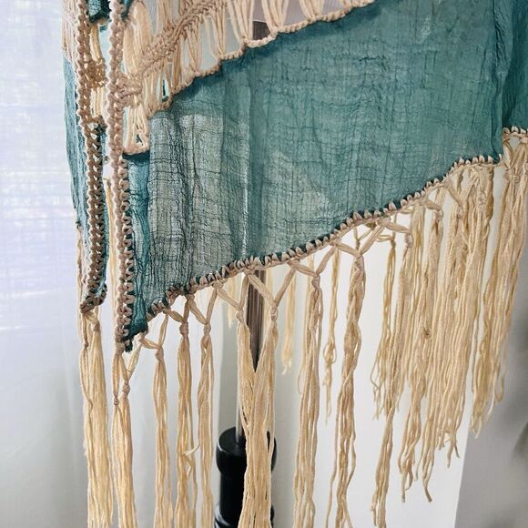 Papaya Blue & Cream Lacy Fringe Boho Hippie Gypsy Cardigan Festival Concert Med - Picture 6 of 11